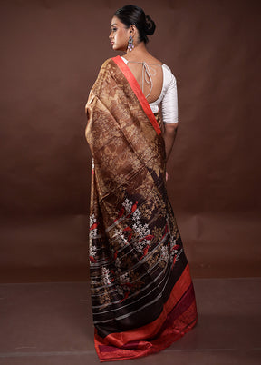 Brown Printed Pure Silk Saree Without Blouse Piece