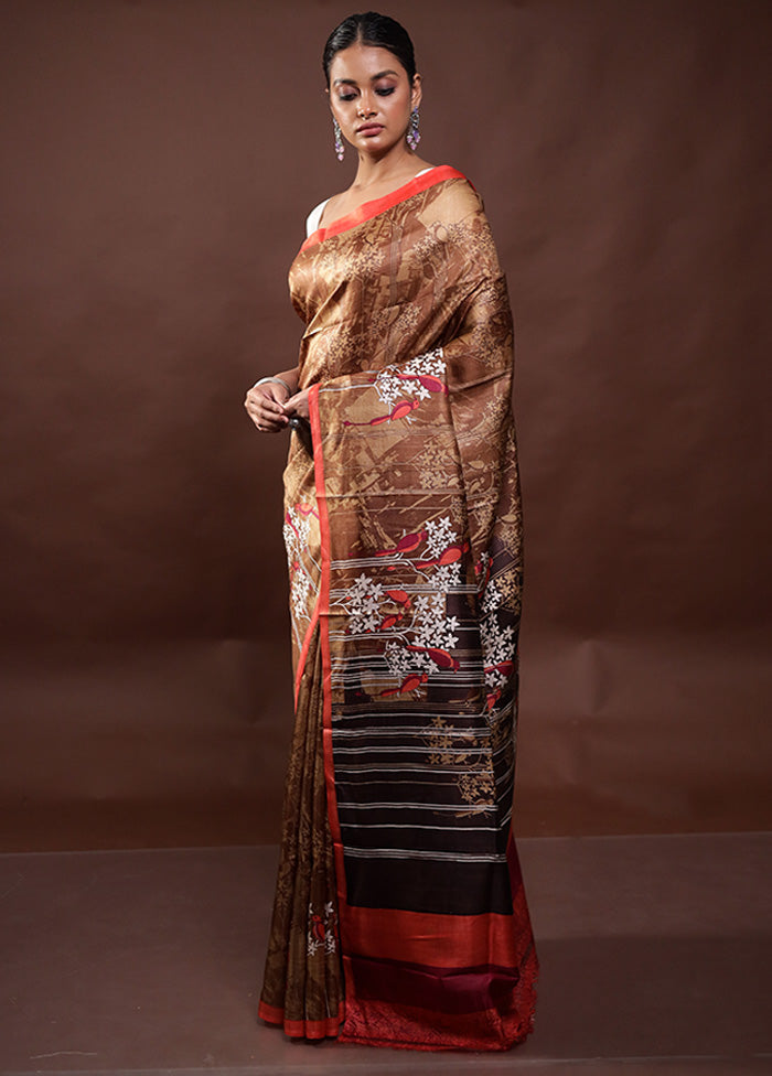 Brown Printed Pure Silk Saree Without Blouse Piece