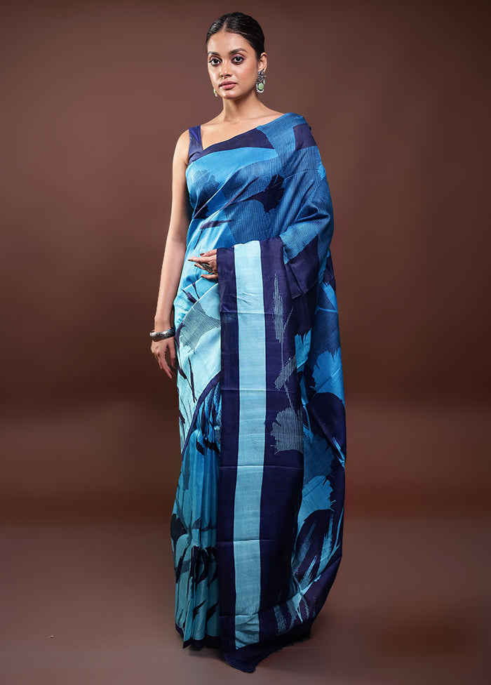 Blue Printed Pure Silk Saree Without Blouse Piece