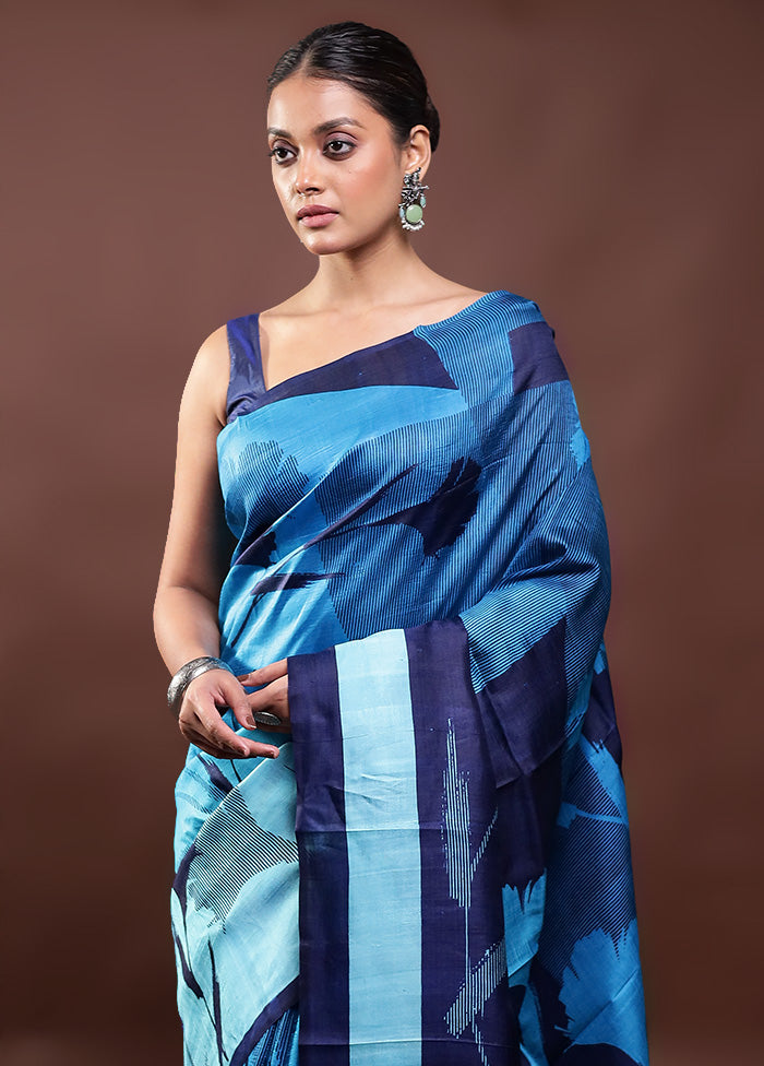 Blue Printed Pure Silk Saree Without Blouse Piece