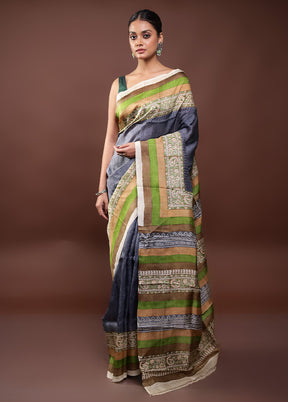 Grey Printed Pure Silk Saree Without Blouse Piece