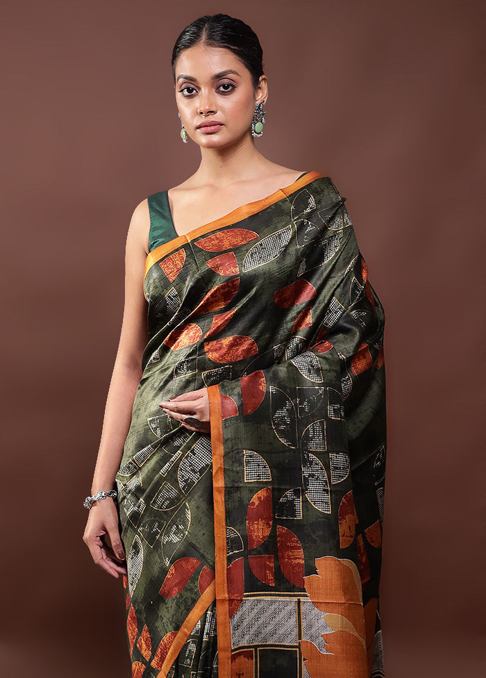 Green Printed Pure Silk Saree Without Blouse Piece