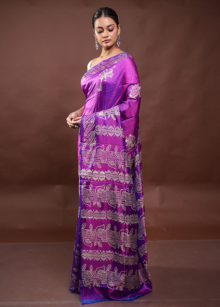 Purple Pure Bishnupuri Silk Saree Without Blouse Piece