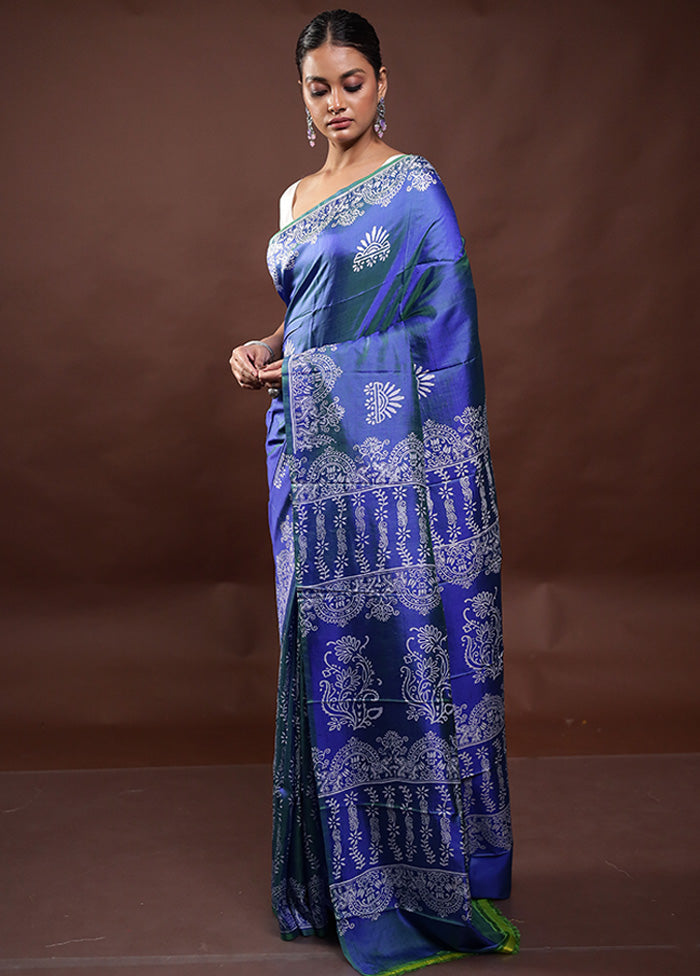 Blue Pure Bishnupuri Silk Saree Without Blouse Piece