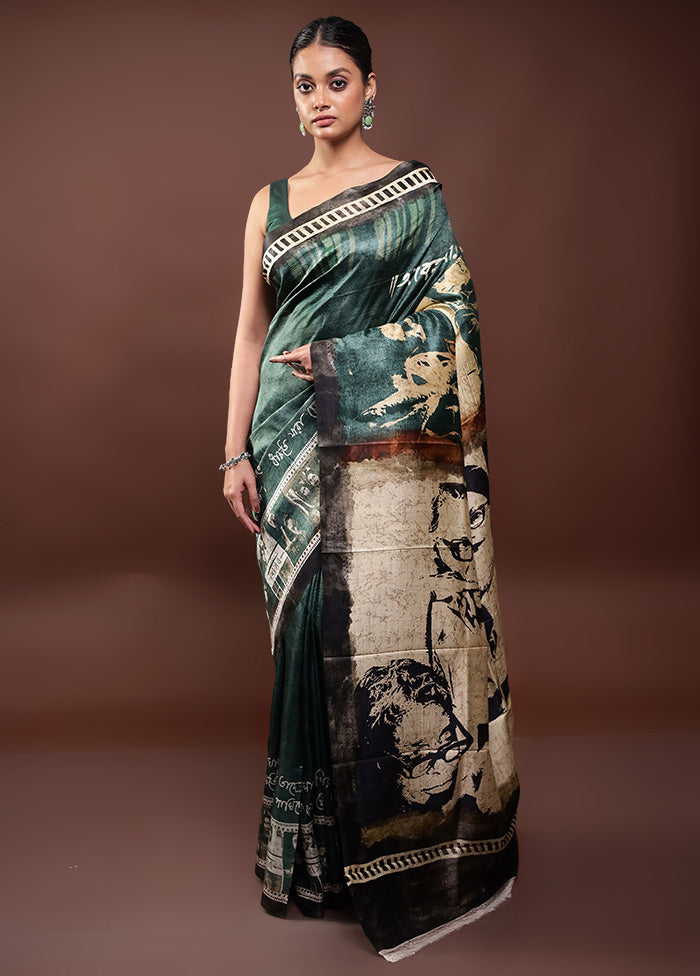 Green Printed Pure Silk Saree Without Blouse Piece