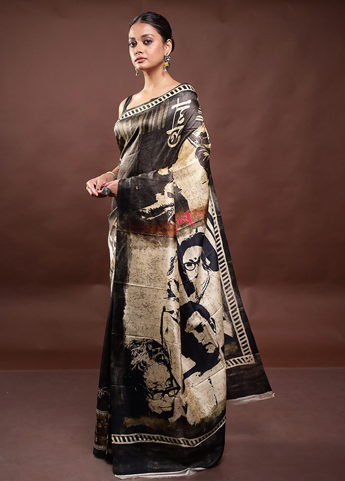 Black Printed Pure Silk Saree Without Blouse Piece