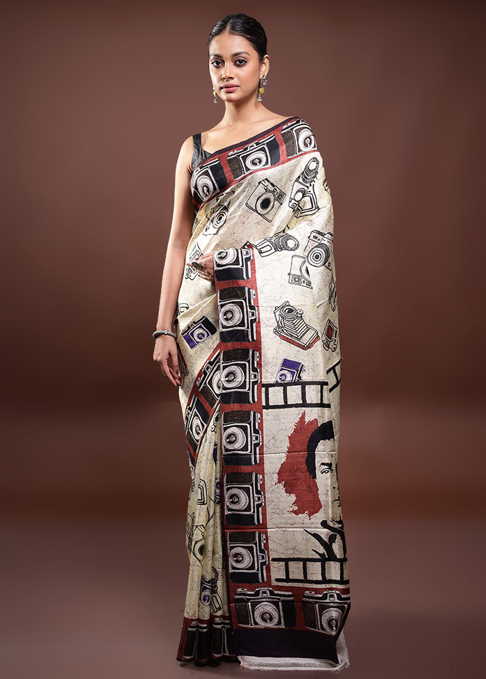 Cream Printed Pure Silk Saree Without Blouse Piece