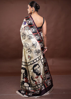 Cream Printed Pure Silk Saree Without Blouse Piece