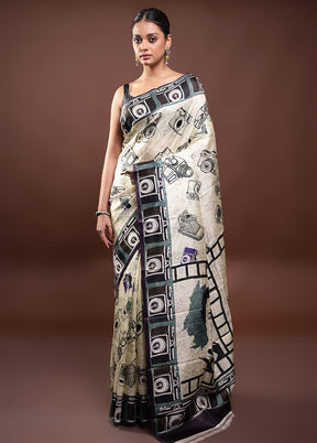 Cream Printed Pure Silk Saree Without Blouse Piece