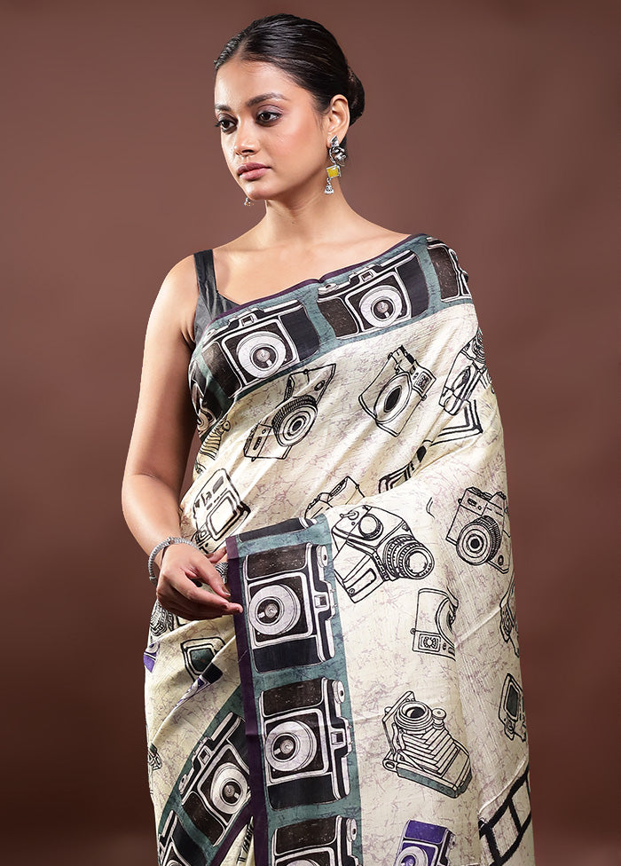 Cream Printed Pure Silk Saree Without Blouse Piece