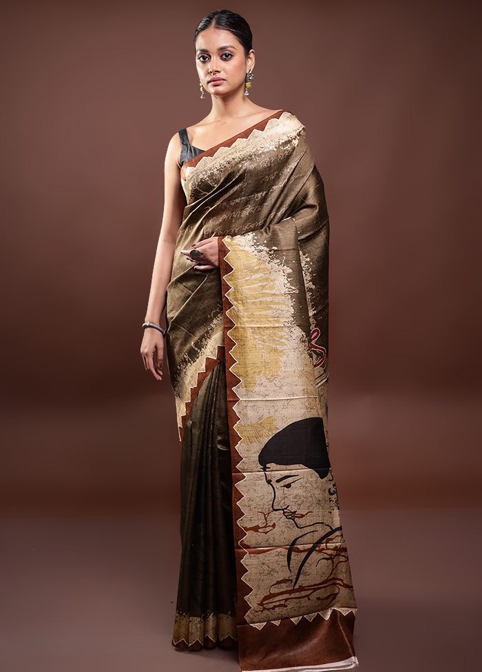 Brown Printed Pure Silk Saree Without Blouse Piece