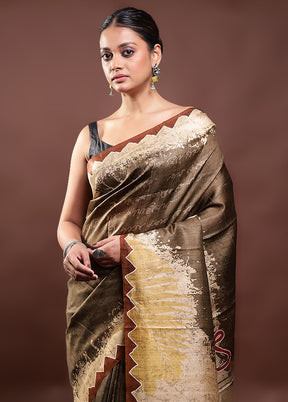 Brown Printed Pure Silk Saree Without Blouse Piece