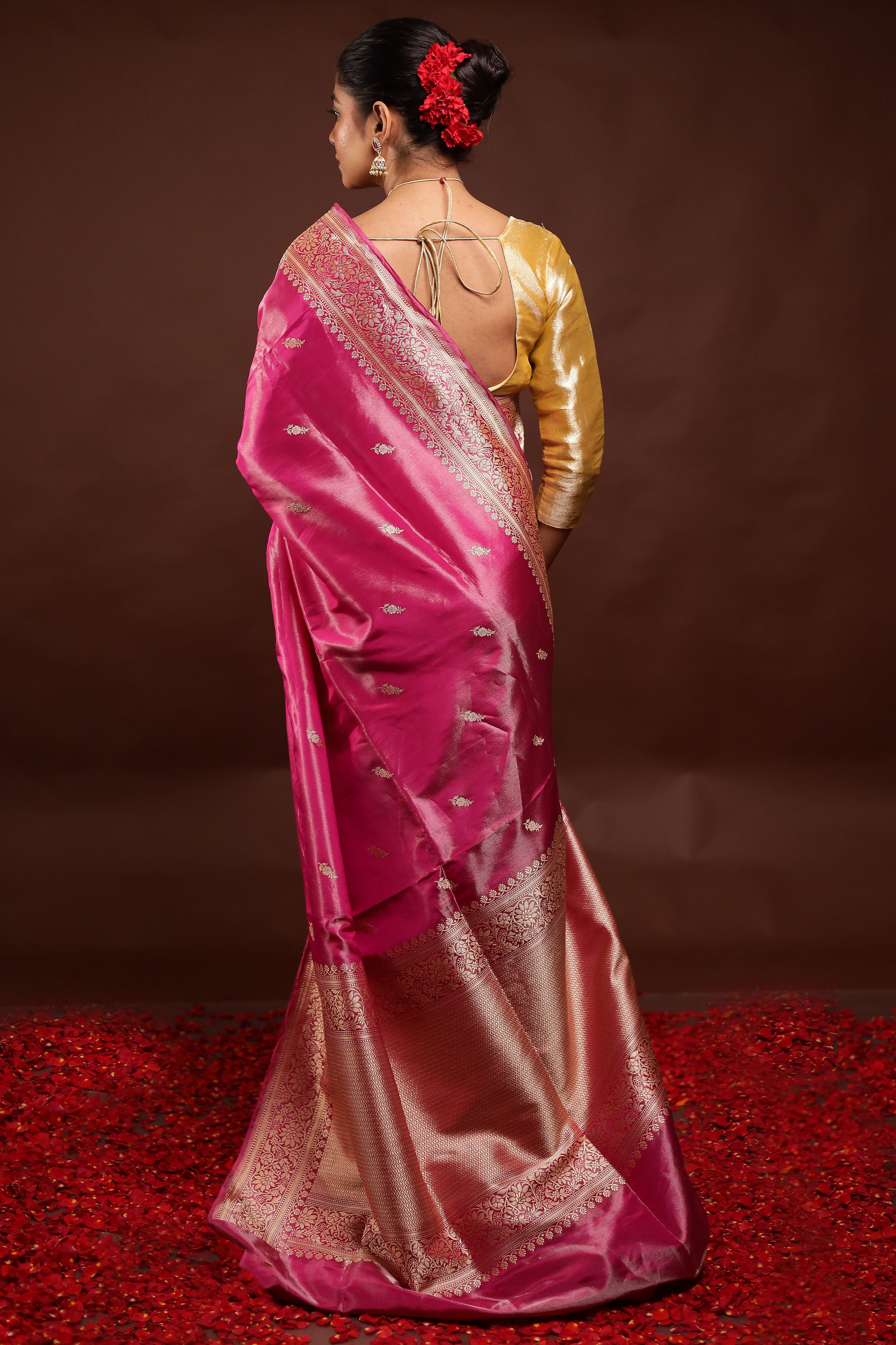 Pink Handloom Katan Pure Silk Saree With Blouse Piece