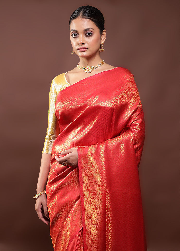 Red Dupion Silk Saree With Blouse Piece