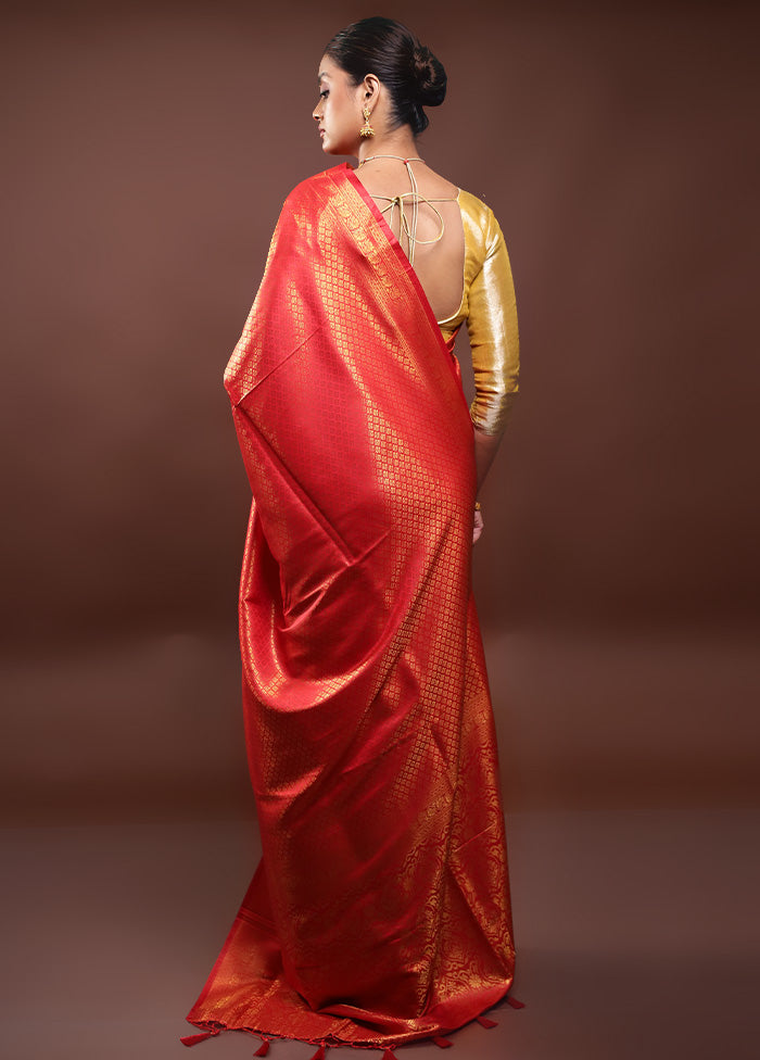 Red Dupion Silk Saree With Blouse Piece