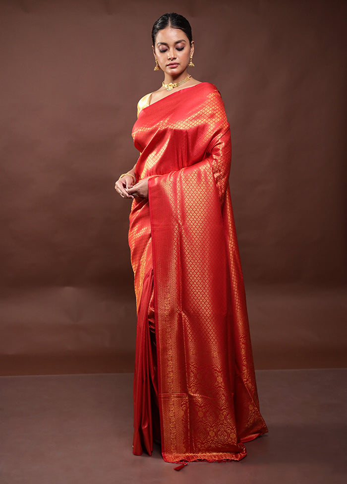 Red Dupion Silk Saree With Blouse Piece