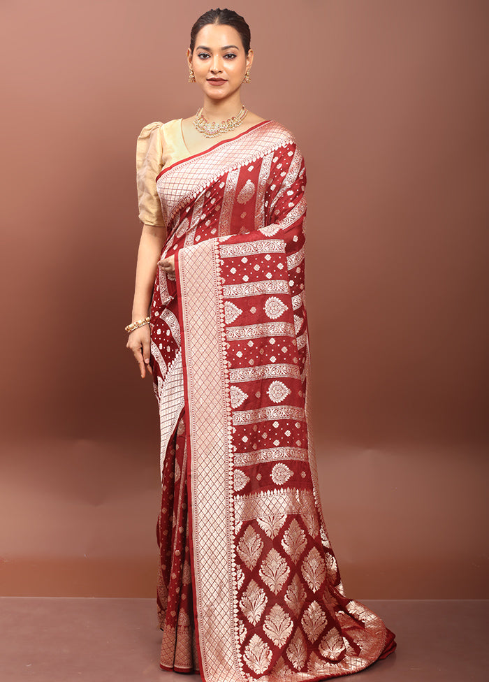 Maroon Handloom Pure Georgette Saree With Blouse Piece