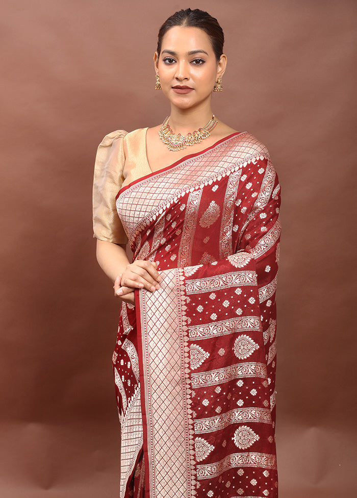 Maroon Handloom Pure Georgette Saree With Blouse Piece