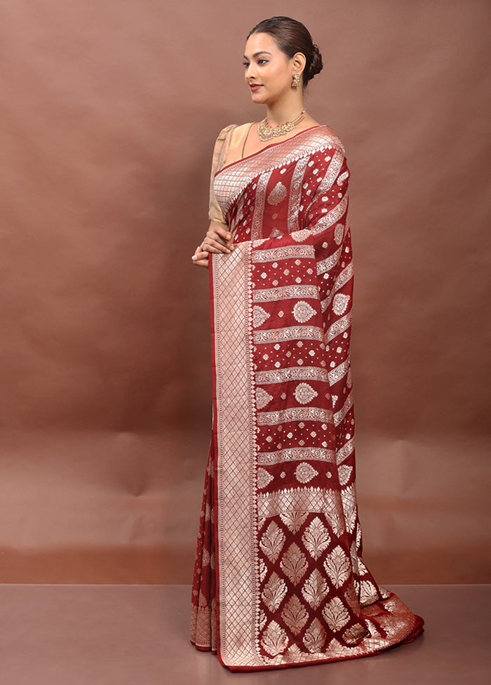 Maroon Handloom Pure Georgette Saree With Blouse Piece