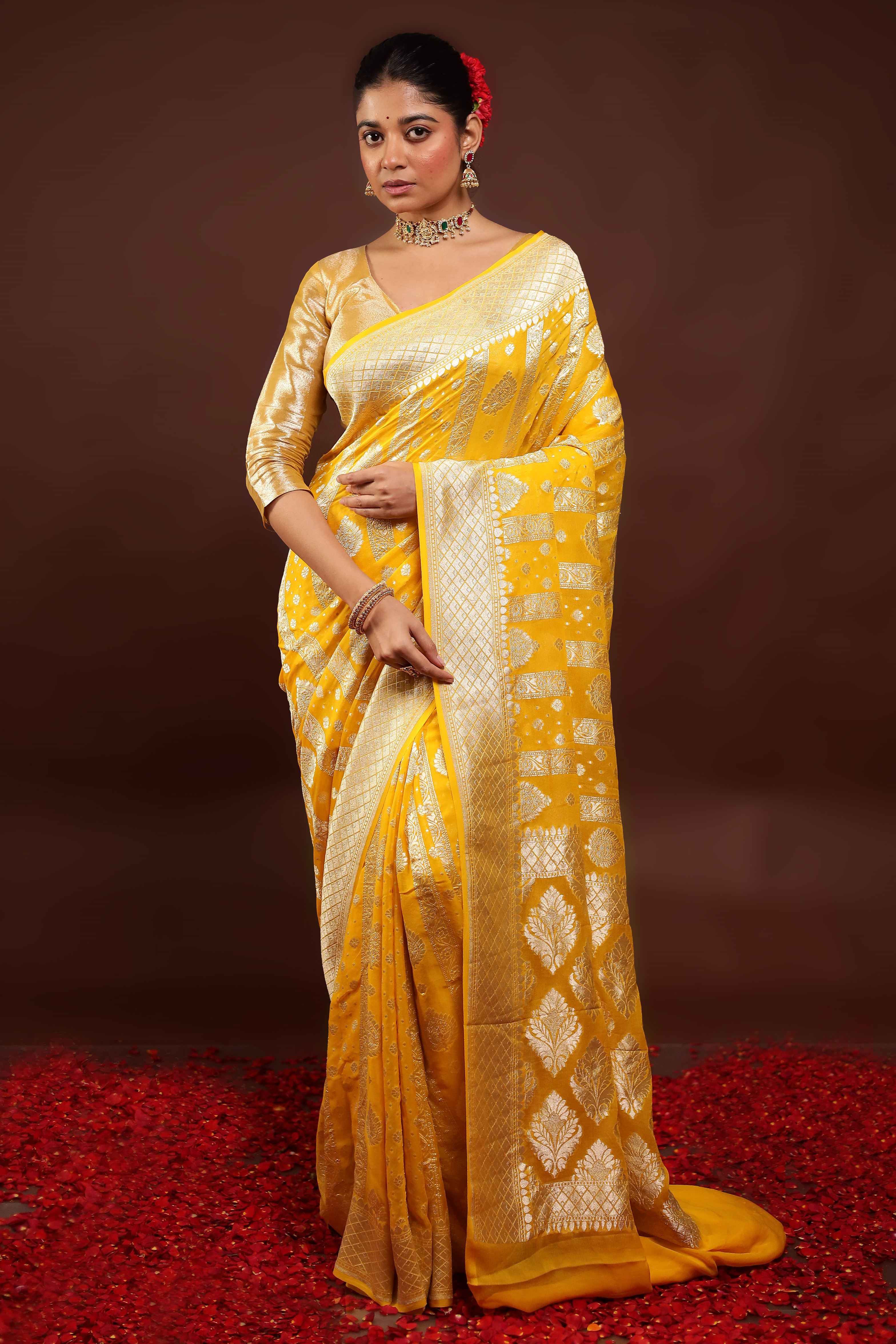 Yellow Handloom Pure Georgette Saree With Blouse Piece