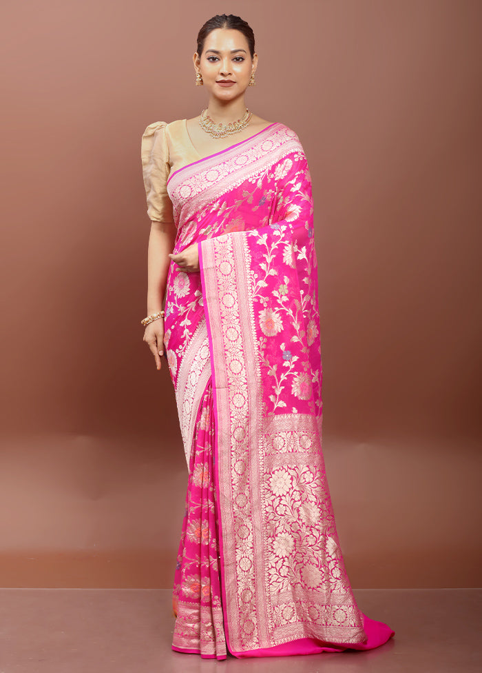 Pink Handloom Pure Georgette Saree With Blouse Piece