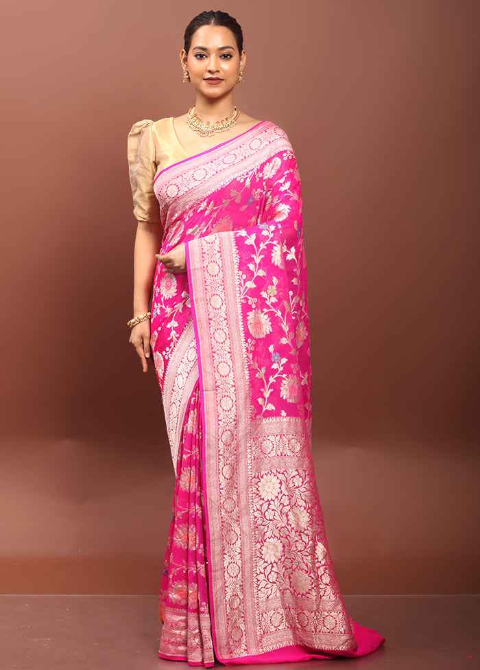 Pink Handloom Pure Georgette Saree With Blouse Piece