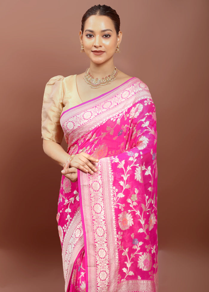 Pink Handloom Pure Georgette Saree With Blouse Piece