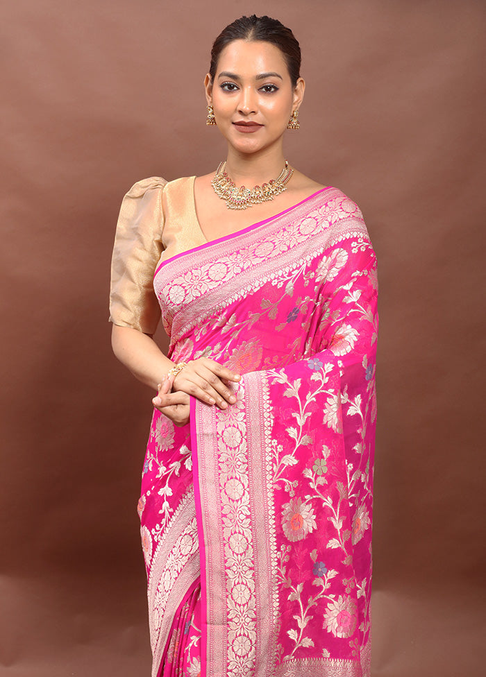 Pink Handloom Pure Georgette Saree With Blouse Piece