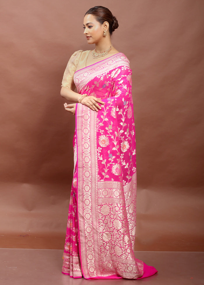 Pink Handloom Pure Georgette Saree With Blouse Piece