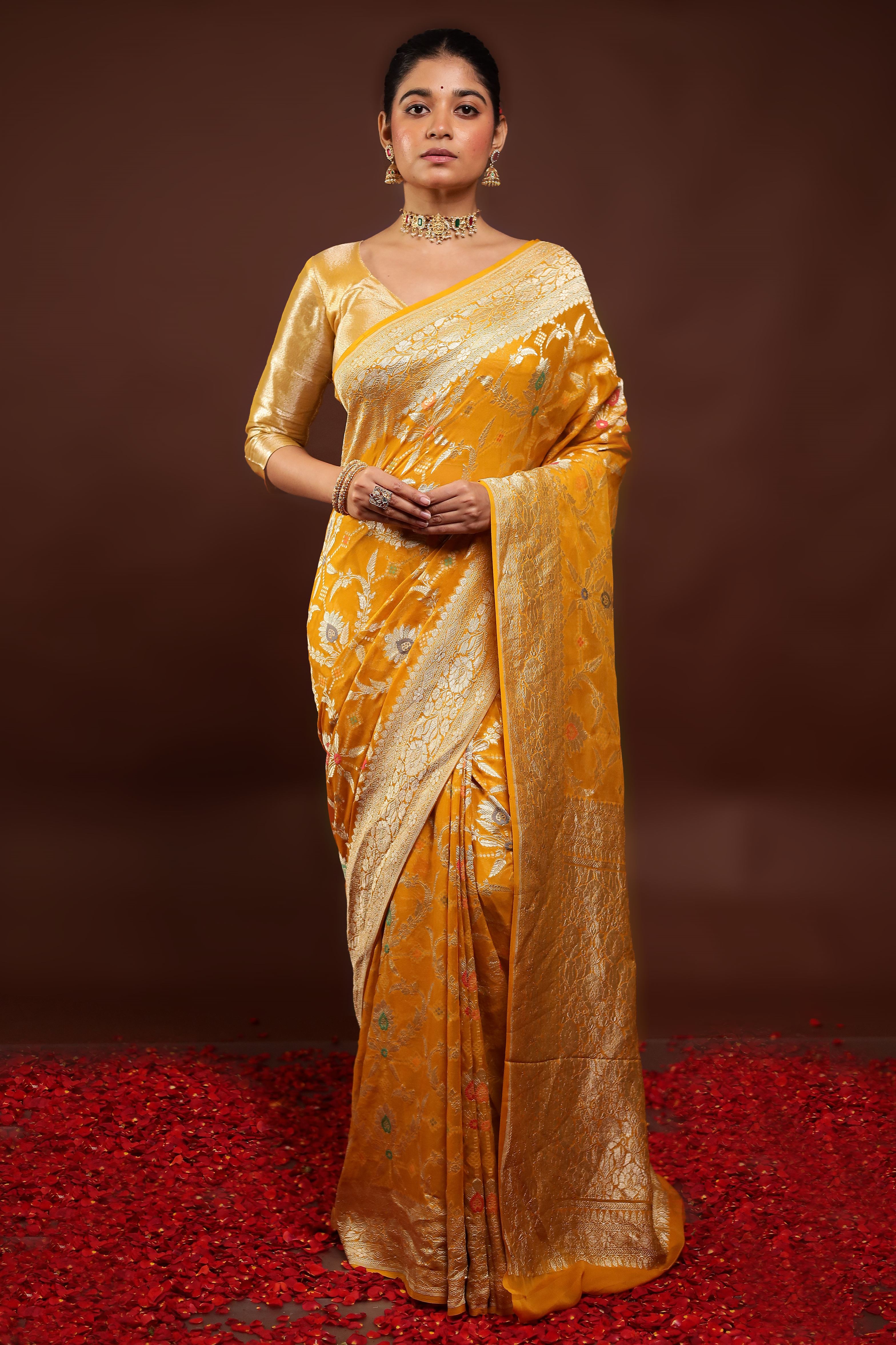 Yellow Handloom Pure Georgette Saree With Blouse Piece