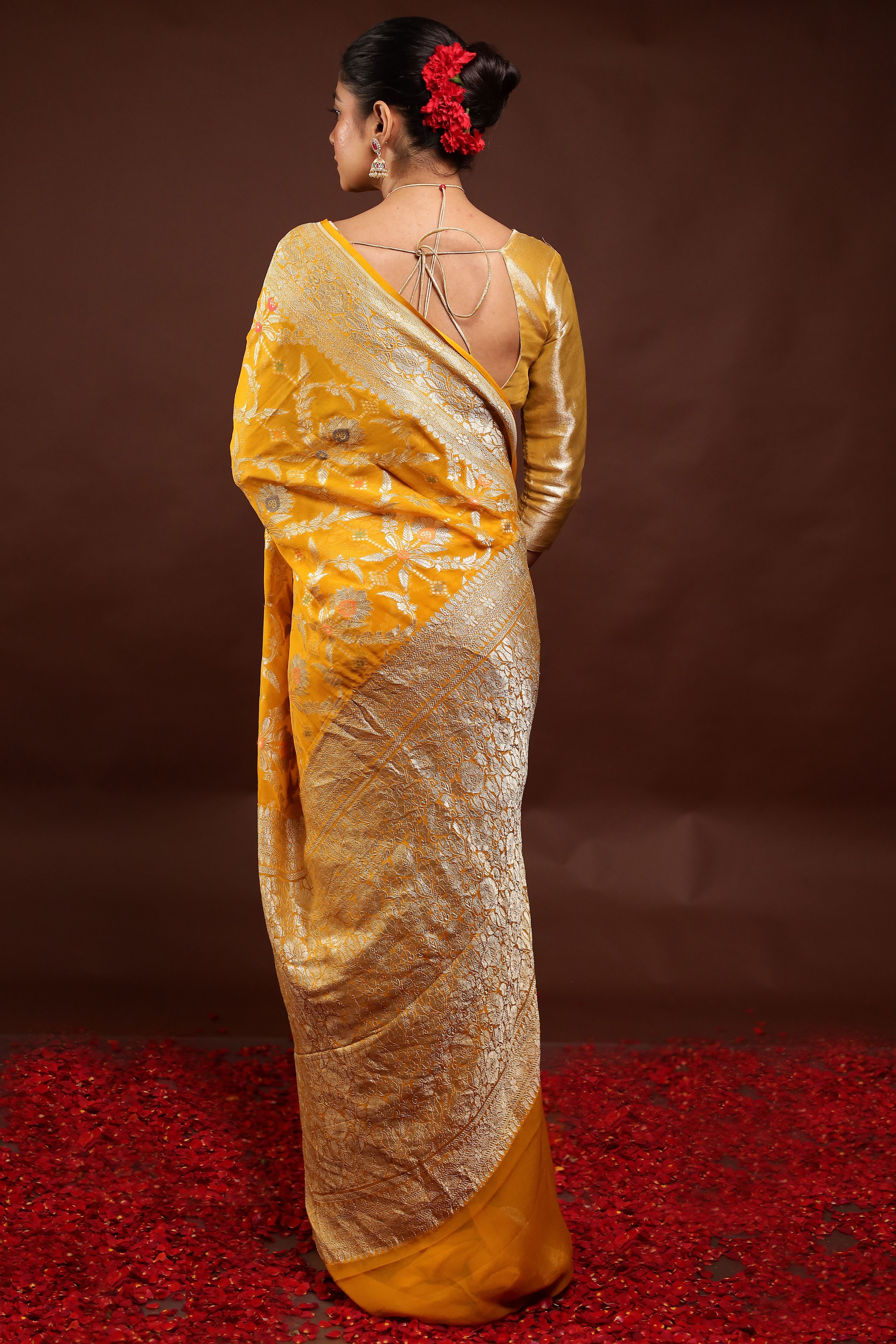 Yellow Handloom Pure Georgette Saree With Blouse Piece