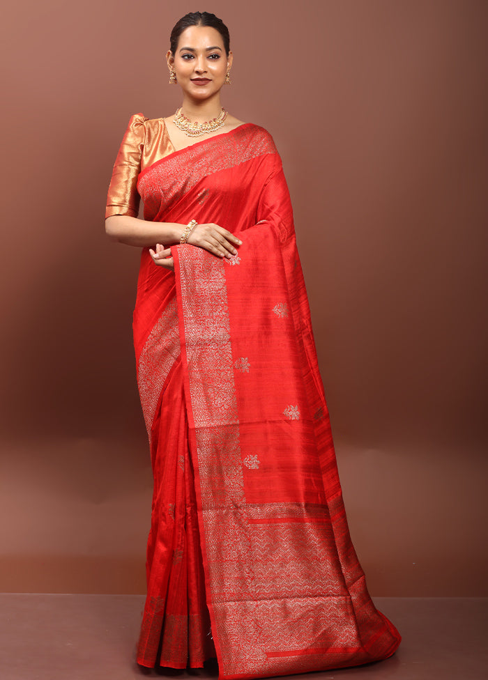 Red Handloom Tussar Pure Silk Saree With Blouse Piece