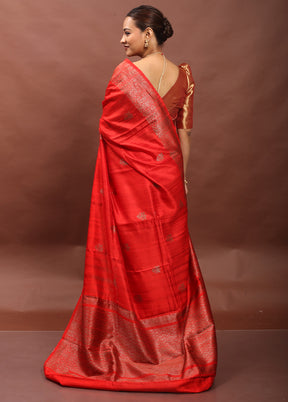 Red Handloom Tussar Pure Silk Saree With Blouse Piece