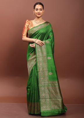 Green Handloom Tussar Pure Silk Saree With Blouse Piece