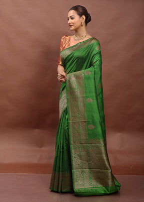 Green Handloom Tussar Pure Silk Saree With Blouse Piece