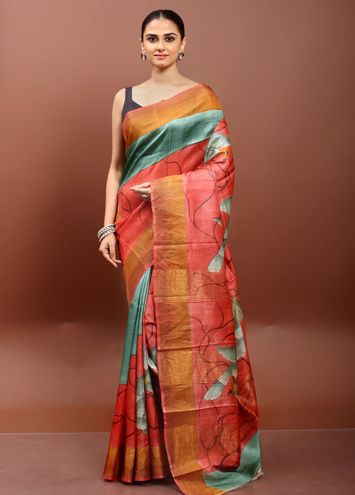 Pink Handloom Tussar Pure Silk Saree With Blouse Piece