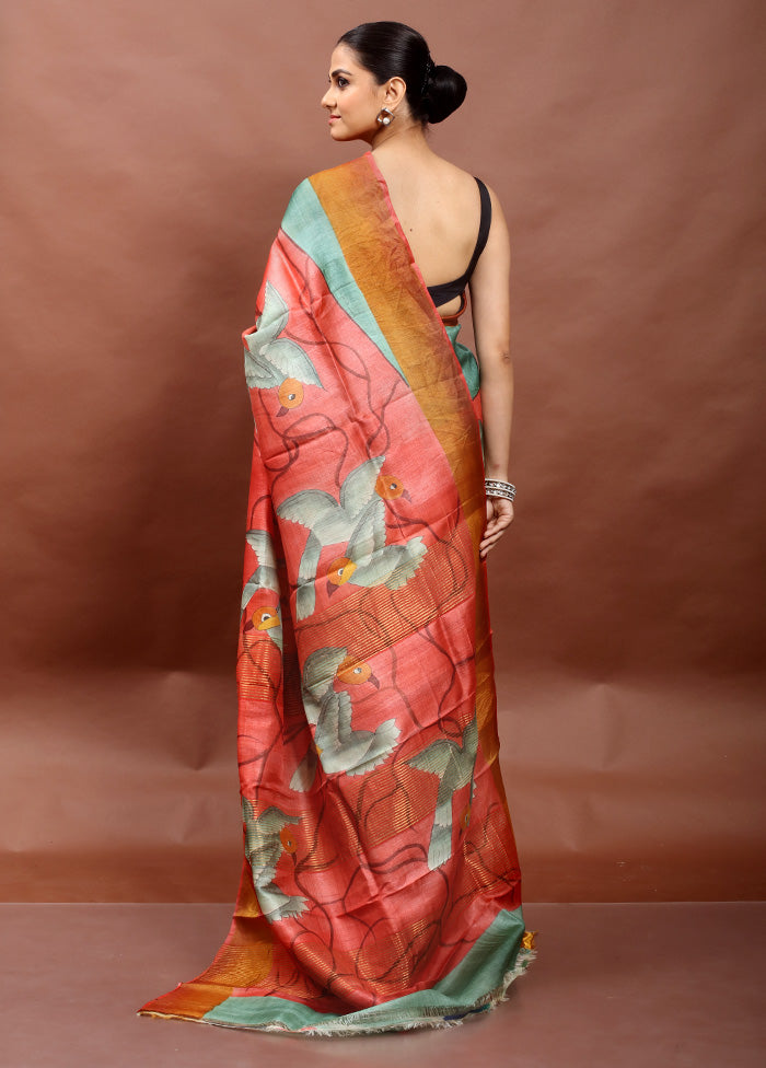 Pink Handloom Tussar Pure Silk Saree With Blouse Piece