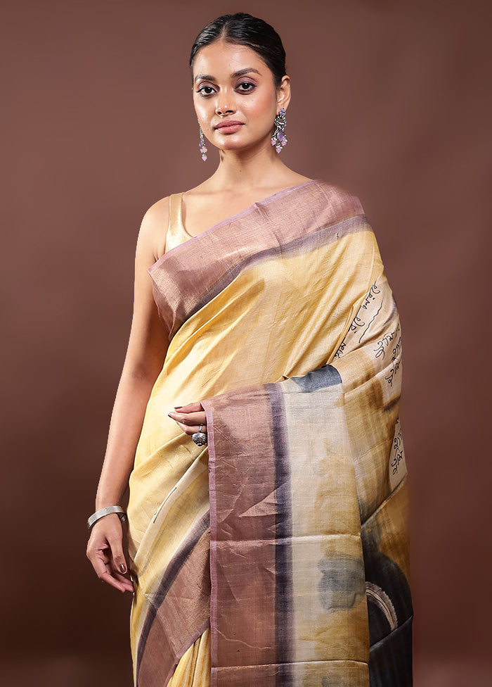 Yellow Handloom Tussar Pure Silk Saree With Blouse Piece