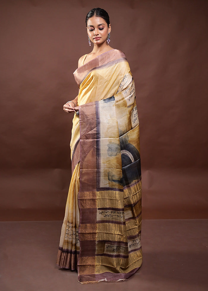 Yellow Handloom Tussar Pure Silk Saree With Blouse Piece