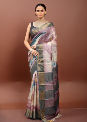 Cream Handloom Tussar Pure Silk Saree With Blouse Piece