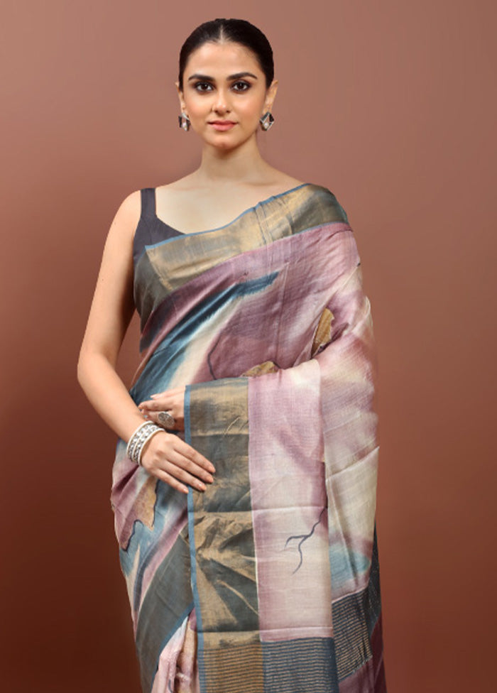 Cream Handloom Tussar Pure Silk Saree With Blouse Piece