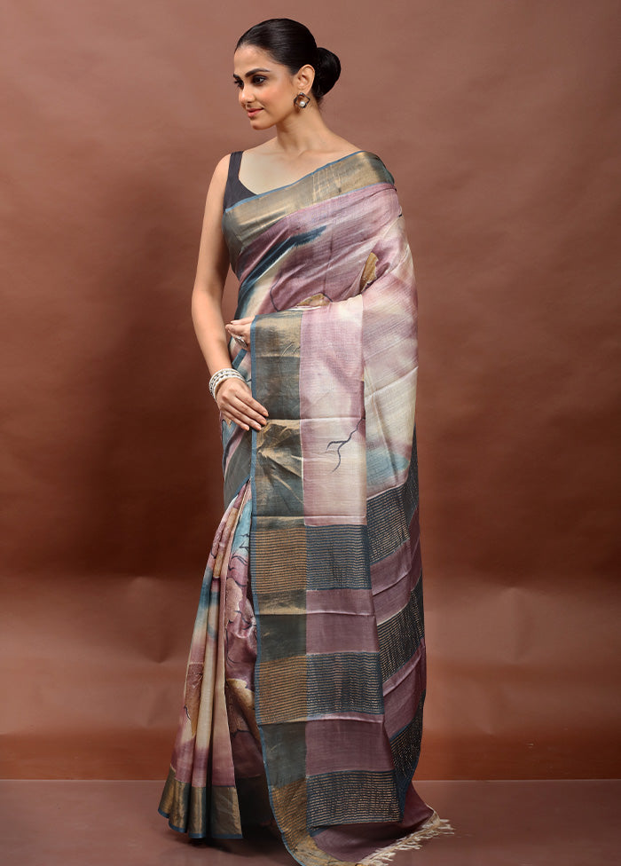 Cream Handloom Tussar Pure Silk Saree With Blouse Piece