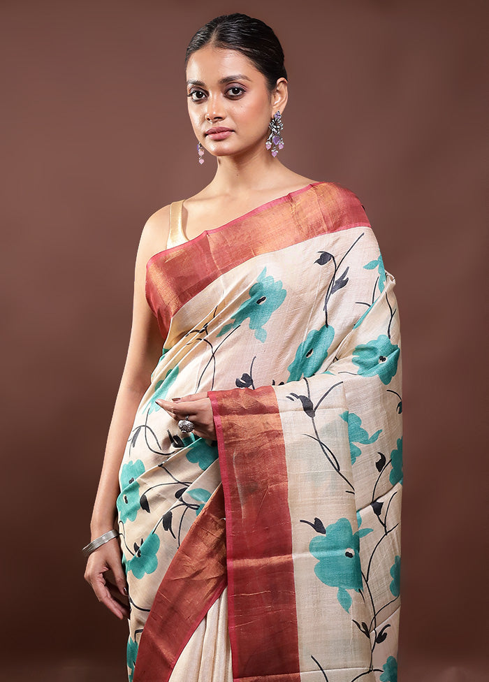 Cream Handloom Tussar Pure Silk Saree With Blouse Piece