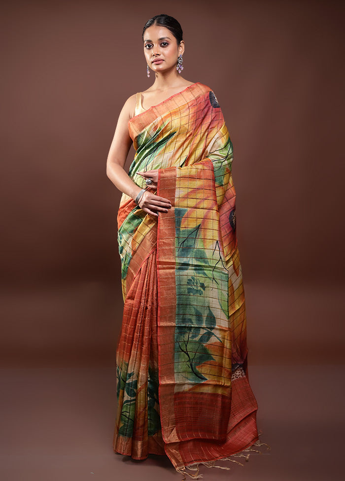 Multicolor Handloom Tussar Pure Silk Saree With Blouse Piece