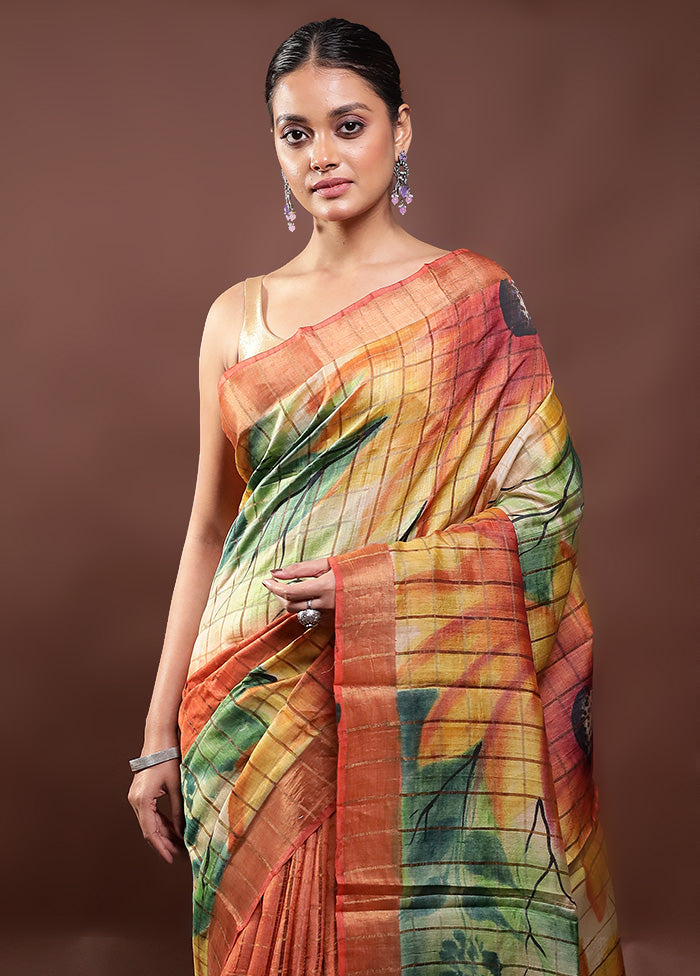 Multicolor Handloom Tussar Pure Silk Saree With Blouse Piece