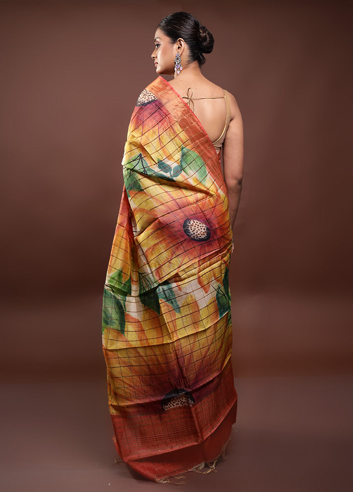 Multicolor Handloom Tussar Pure Silk Saree With Blouse Piece