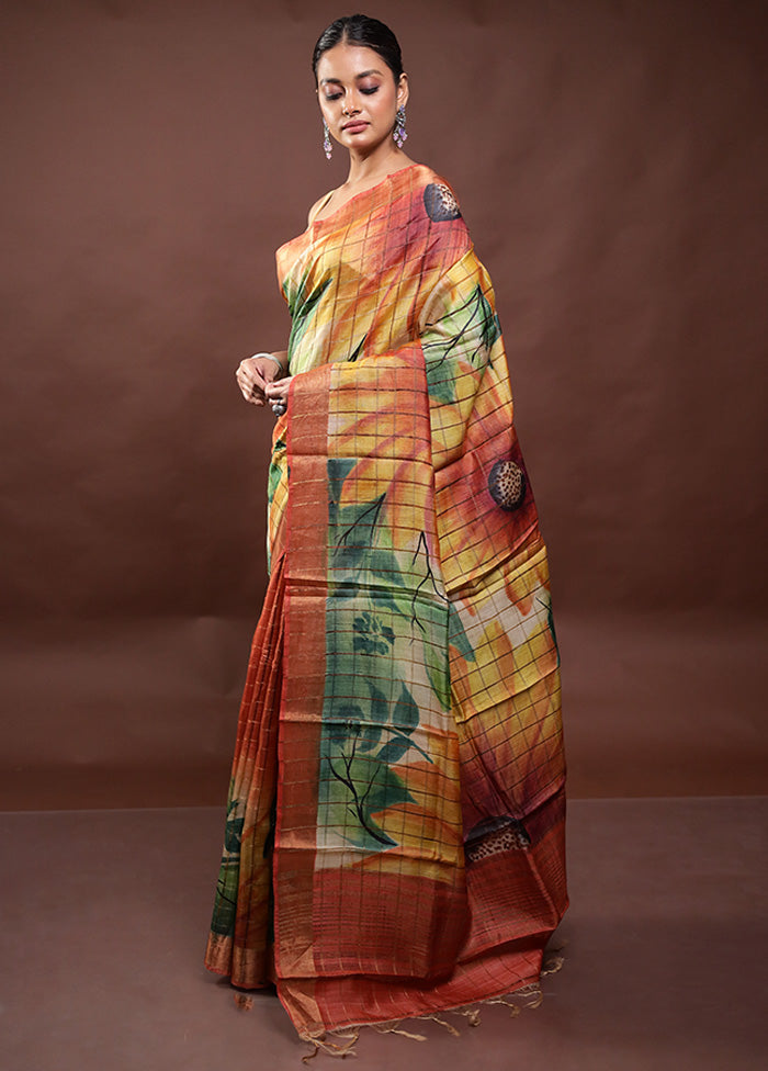 Multicolor Handloom Tussar Pure Silk Saree With Blouse Piece