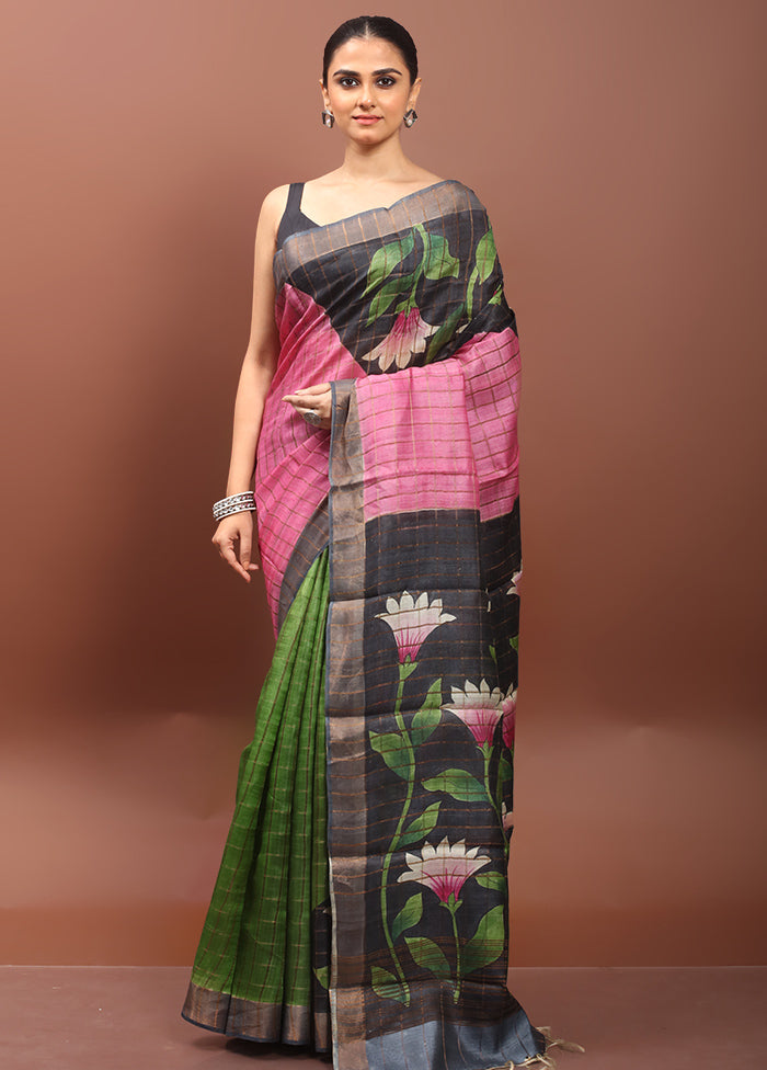 Multicolor Handloom Tussar Pure Silk Saree With Blouse Piece