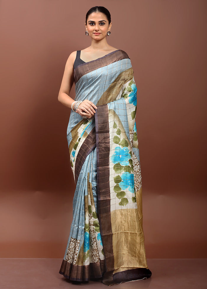 Grey Handloom Tussar Pure Silk Saree With Blouse Piece