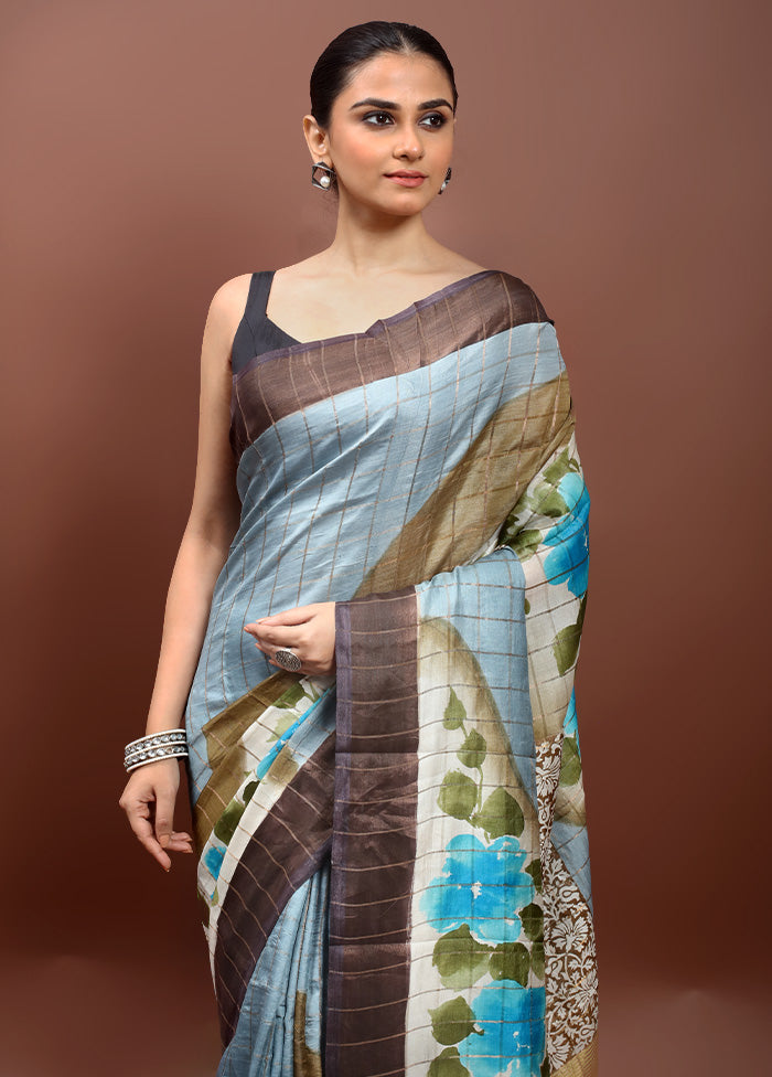 Grey Handloom Tussar Pure Silk Saree With Blouse Piece